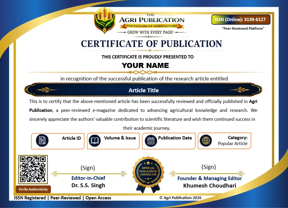 Sample of official ISSN publication e-certificate for agriculture students by Agri Publication